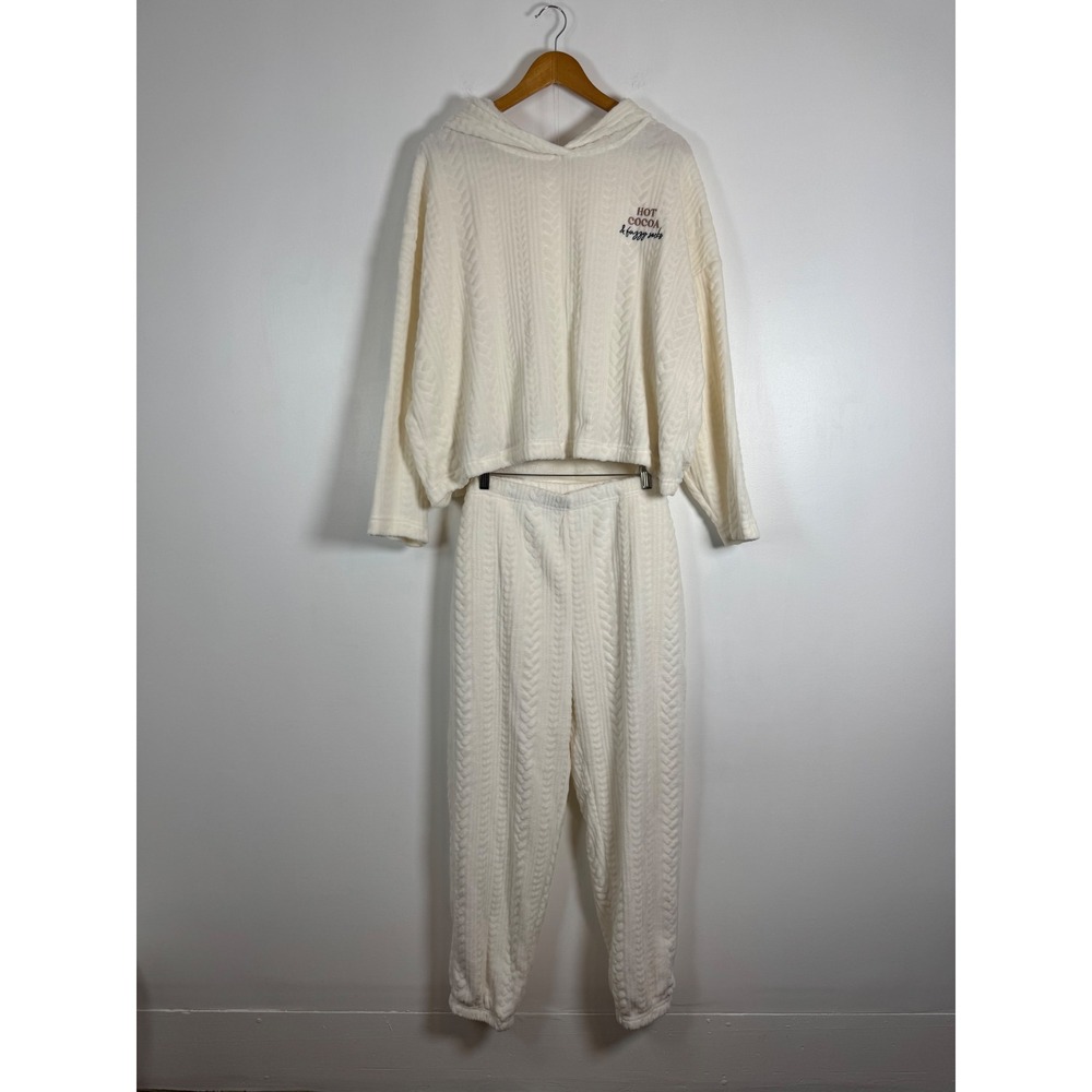 Cozy Hygge Joyspun Womens XL Lounge Set Cream Cable Knit Plush Hoodie Joggers